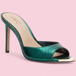 INC Metallic Emerald Stiletto Mules