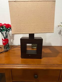 Modern Dark Wood Cutout Table Lamp with Linen Shade