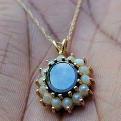 14kt Gold Opal/Pearl/Black Onyx Pendant Necklace