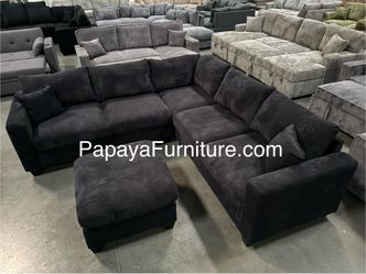New! Corduroy Black Sectional And Ottoman, Sectional Sofa, Black Couch, Black Sofa, Sectional And Ottoman, Plush Sectional Couch, L-Shaped Sofa Couch