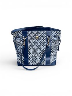 Tommy Hilfiger Navy White Logo Jacquard Tote Bag Gold Hardware 17”x12”x6.5”