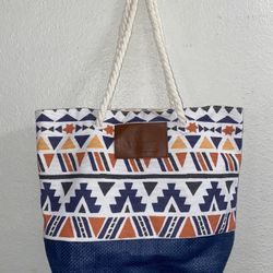Used Large Beach Travel Tote Bag - Natural Navy Blue Woven w/ Geometric Pattern