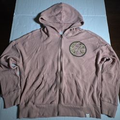 Pre Owned  Disney Parks  Jasmine Rajah from Aladdin  Thermal Sweater  Full Zip Hoodie  Pink  Gold Print  Women  Size Large