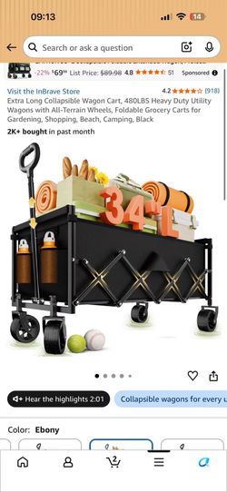 New Extra Long Collapsible Wagon Cart, 480LBS Heavy Duty Utility Wagons with All-Terrain Wheels, Foldable Grocery Carts for Gardening, Shopping, Beach