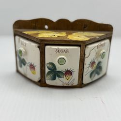 CERAMIC - SALT, PEPPER & SUGAR HOLDERS IN WOODEN STAND - MADE IN JAPAN VINTAGE