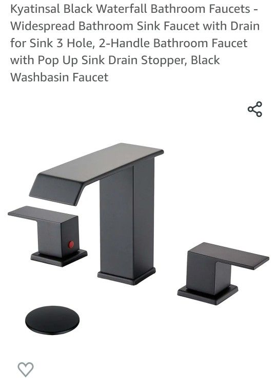 Kyatinsal Black Waterfall Bathroom Faucets - Widespread Bathroom Sink Faucet with Drain for Sink 3 Hole, 2-Handle Bathroom Faucet with Pop Up Sink Dra