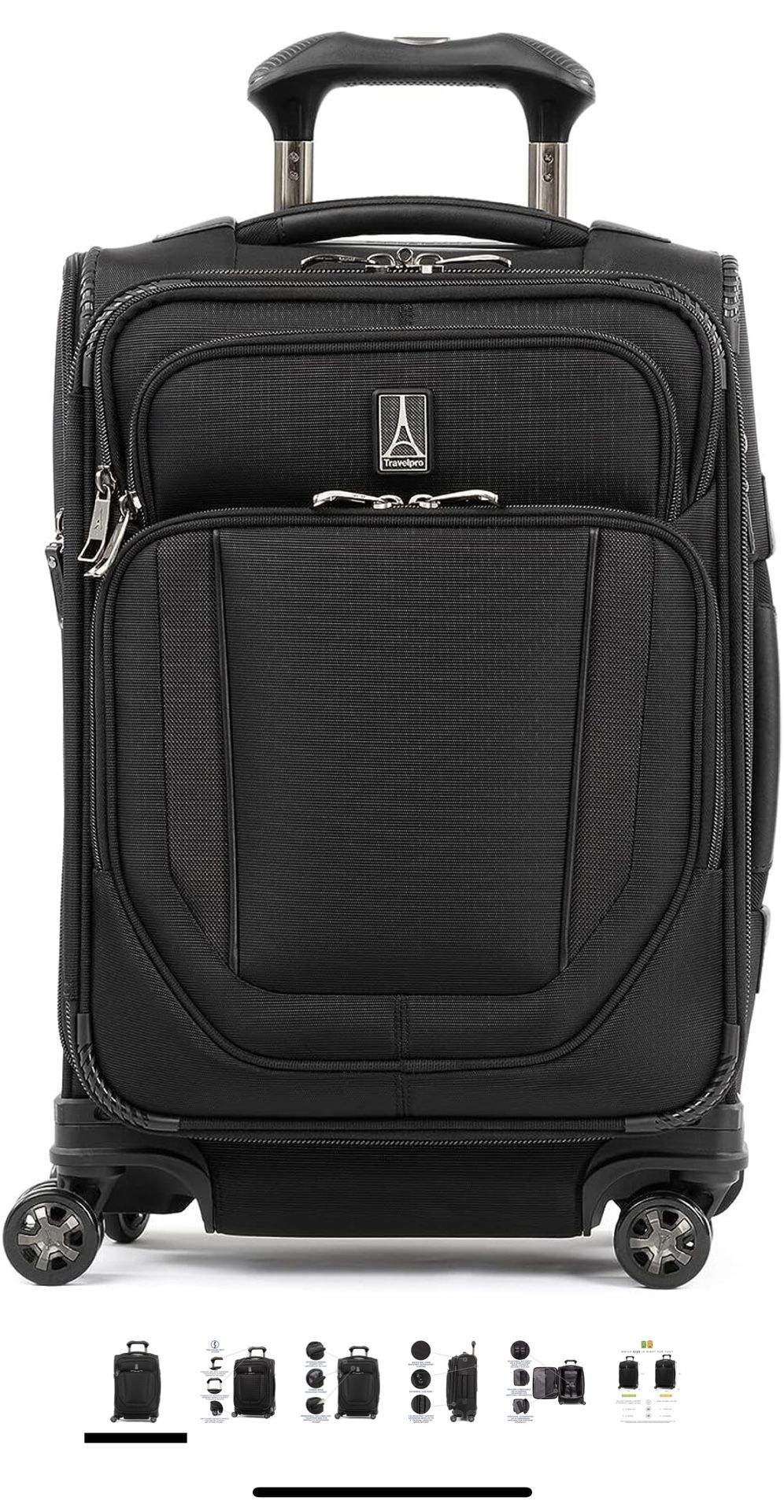 Travelpro Crew Versapack Softside Expandable 8 Spinner Wheel Luggage, USB Port, Men and Women, Jet Black, Carry on 20-Inch
