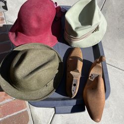 Vintage Hats And Wooden Shoe Molds 