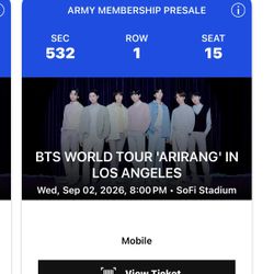 2x BTS Concert WORLD TOUR 'ARIRANG' IN LOS ANGELES Wed, Sep 02, 2026, 8:00 PM SoFi Stadium Tickets