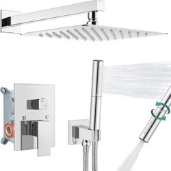Shower Faucet Set, High Pressure Shower System with 2-in-1 Handheld Sprayer, Wall Mount Fixture Combo with Rough-in Valve, 12 Inch Shower Head, Polish