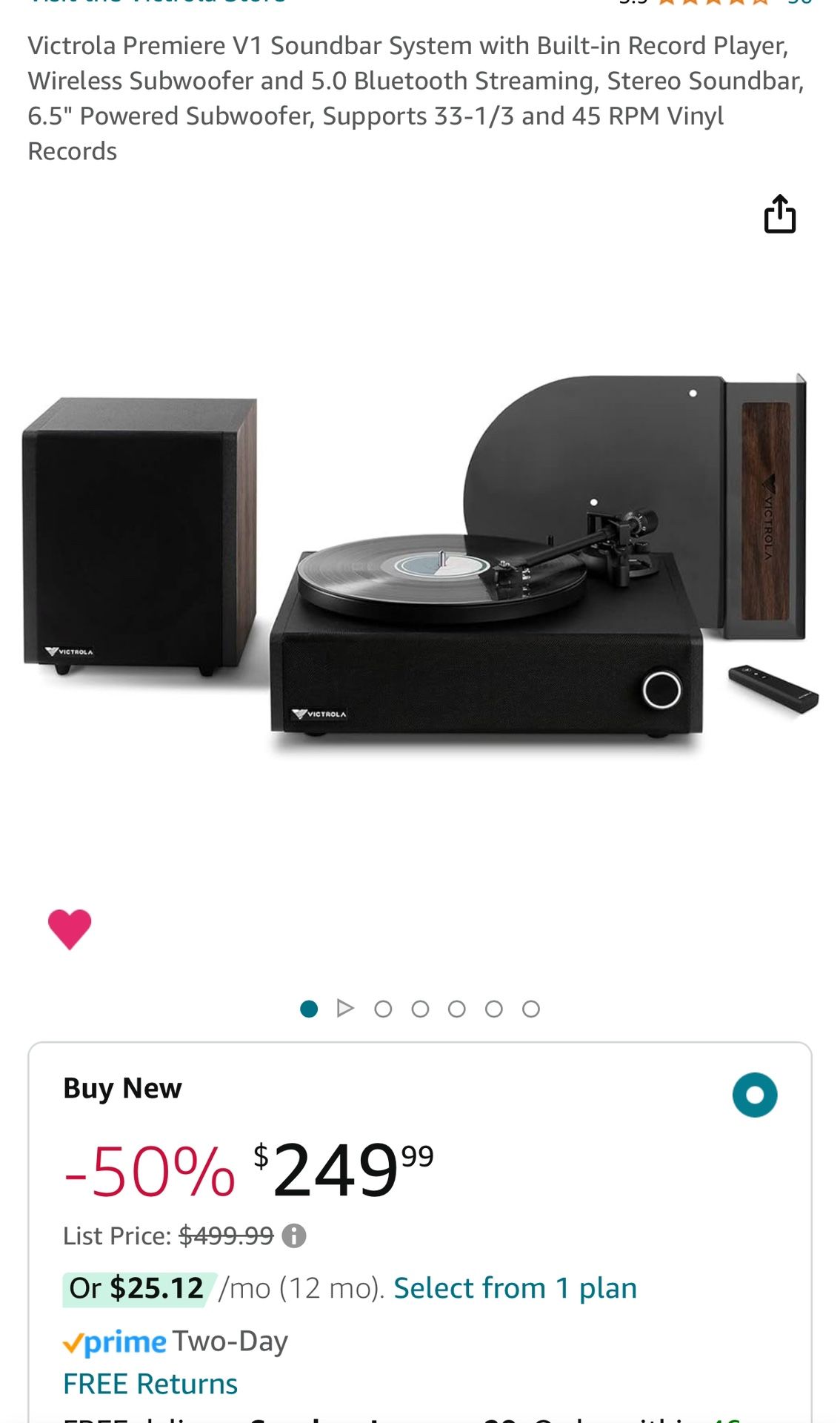 Victrola Premiere V1 Soundbar System with Built-in Record Player, Wireless Subwoofer and 5.0 Bluetooth Streaming, Stereo Soundbar, 6.5" Powered Subwoo