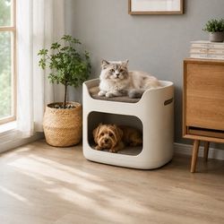 Keter by Curver 3-in-1 Bunk Bed/Pet Carrier/Travel Crate with Cushions for Cats and Small Dogs, Small to Medium, Sandy/Misty Blue (232712 / 7290106931
