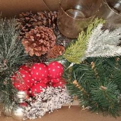 box of Christmas picks, pine cones and 2 glass candle holders to make a centerpiece or wreath FIRM