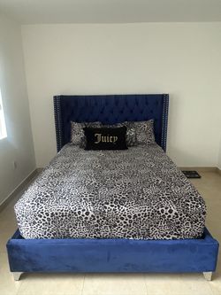 Queen Blue Velour Bed + Memory Foam Mattress