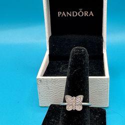 Pandora Butterfly Sterling Silver Sz 5 1/4 Ring Rhinestones Ring Comes With Box Weighs 2.22 Grams Good Condition 