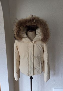 DKNY Fox Fur Trim Hooded Down Puffer, Cream Size M