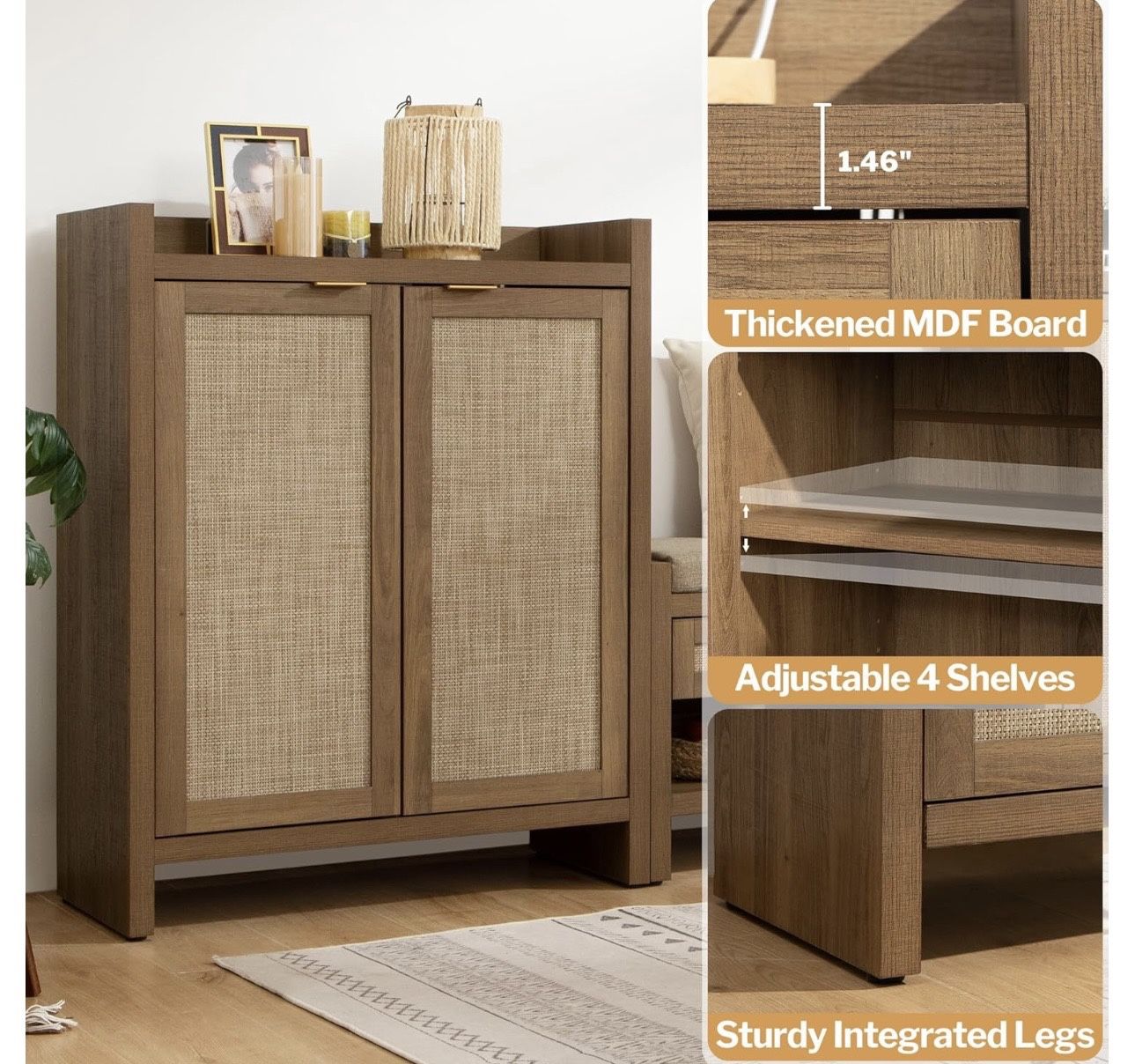 SCEWA10001OA New in box Shoe Cabinet, 24 Pair Shoe Storage Organizer Cabinet, 41" Tall Rattan Shoe Cabinet with Doors and Shelves, 6-Tier Farmhouse Bo