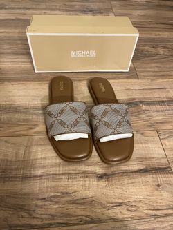 Michael Kors Hayworth Empire Logo Jacquard Slide Sandal Natural Luggage Size 10