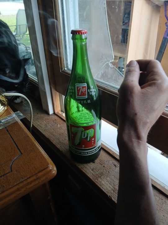 Vintage Glass 7-up Bottle, And Vintage Bayer Aspirin Bottle, Vintage Cough Syrup Bottle