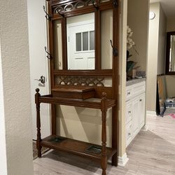 Antique Oak Hall Tree With Mirror, Shelf And Hooks