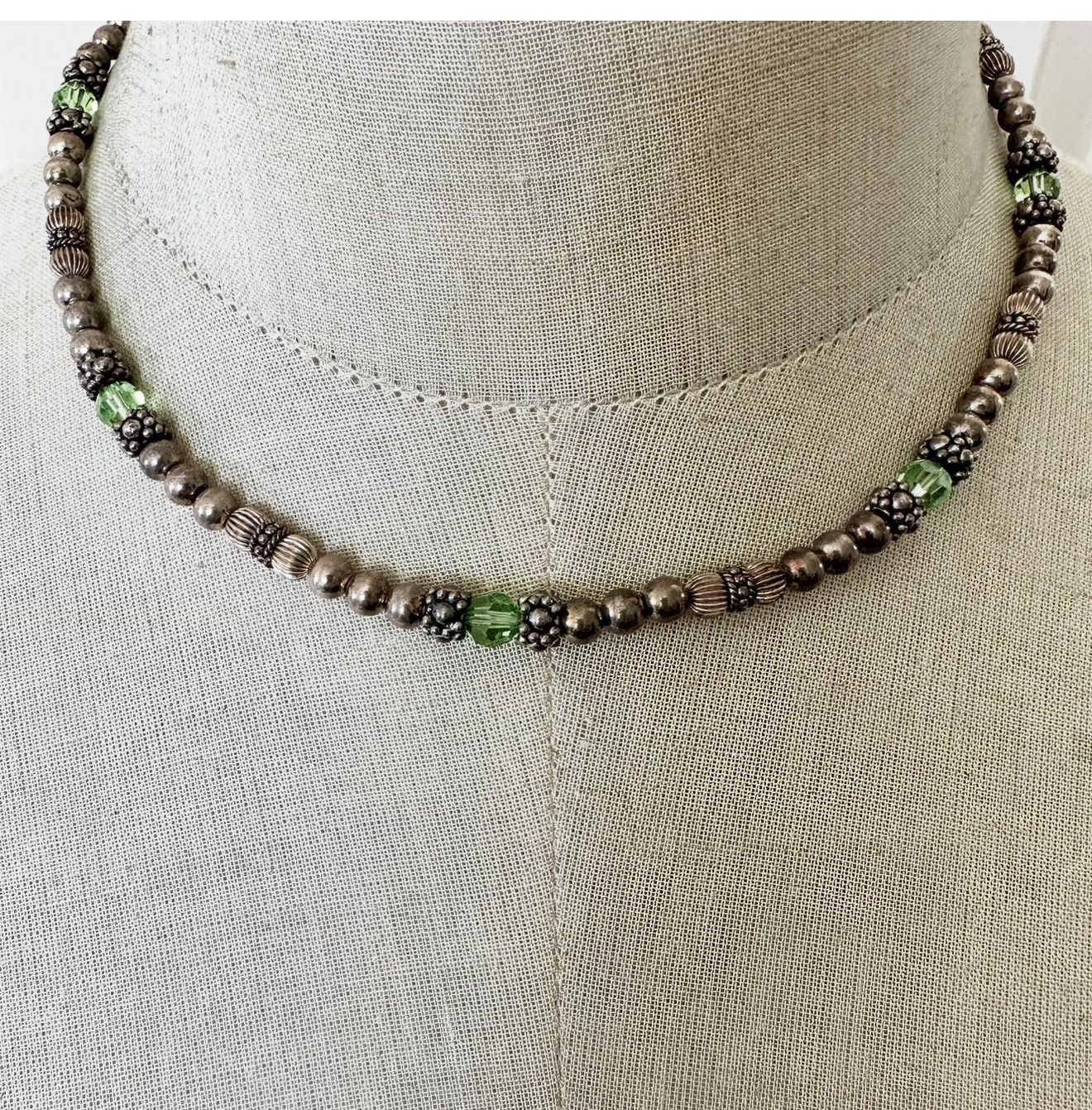 Sterling Silver Bali Bead Necklace Green Crystal Accent Toggle Clasp Artisan