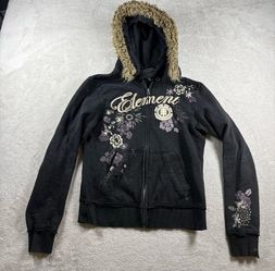 Y2K Element Hoodie Fur Trimmed Women’s M Black Distressed Skate Surf Rare #1522