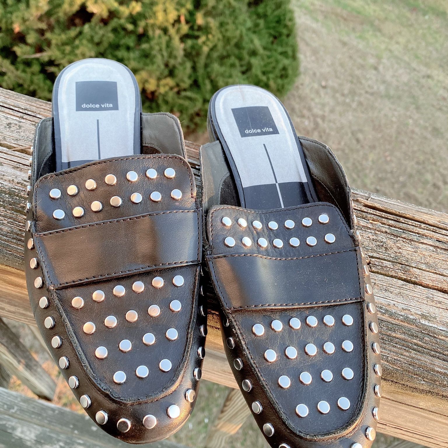 Dolce Vita Silver  Studded Black  Leather Mules