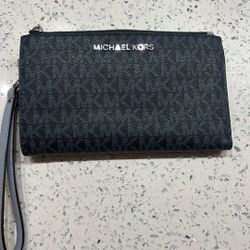 Michael Kors Blue Leather MK Printed Credit Card Wristlet Bifold Wallet 