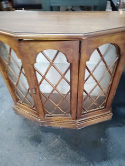 Vintage Octagonal Wood Display Cabinet End Table with lattice work