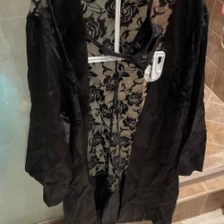 Lingerie Black Lace and Satin Robe with G-string
