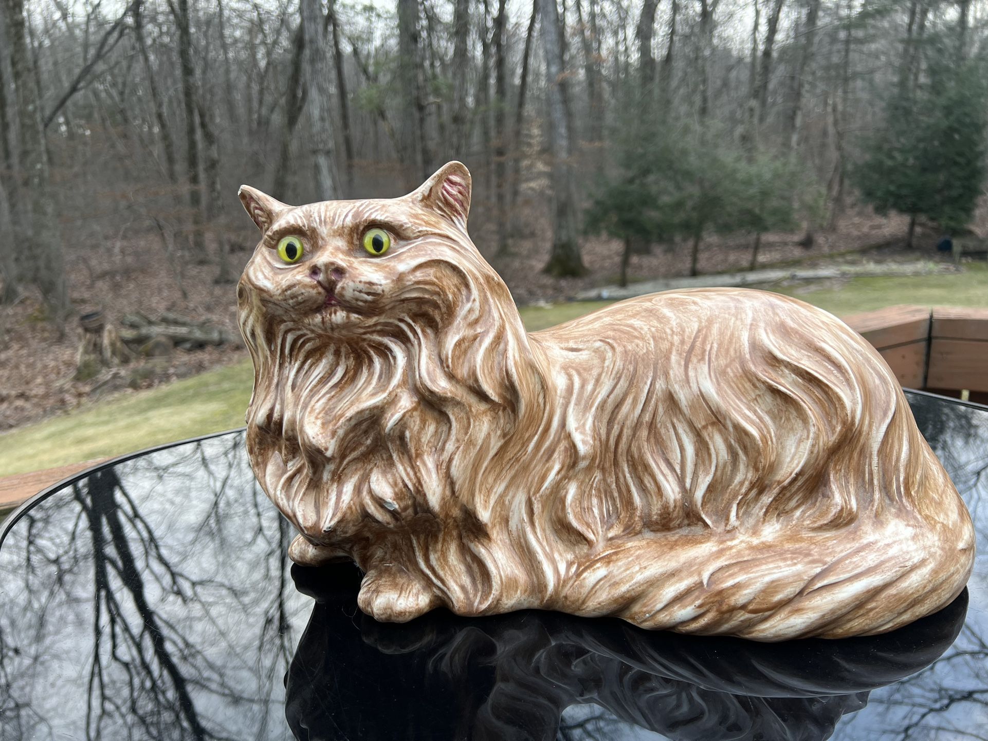 Vintage MCM Tabby Painted Persian Feline Cat Sitting Laying Green Eyes.