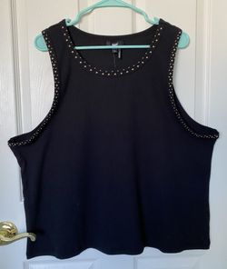 New DKNY Women Crewneck Stud Trim Rib Knit Black Cotton Sleeveless Tank Top 2X