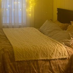 Queen Mattress, Box Spring, Frame And Brown Wooden Headboard