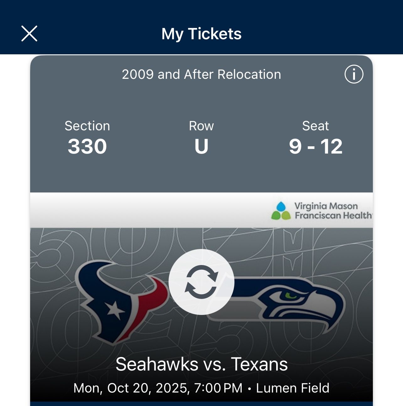 Seahawks VS Texans 4 Tickets
