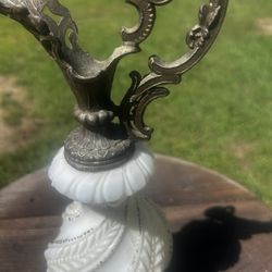   Vintage Milk Glass Urn/vase Decorative Piece With  Brass Unique 11 Inches Tall Decorative. Brass  10 Inches Tall 