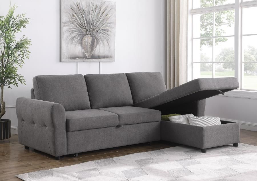 New Sectional Sleeper Sofa With Storage Chaise In Dark Grey!