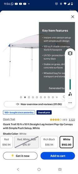 Ozark Trail 10 ft x 10 ft Straight Leg Instant Pop-Up Canopy with Simple Push Setup, White or black