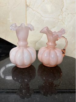 Pair of Vintage Fenton Cased Rose Pink Melon Vase and Pitcher