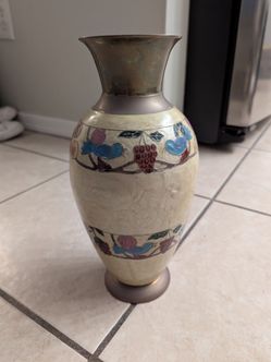 Vintage Brass Vase Enamel Cloisonne Mid Century Birds Fuits Flared India