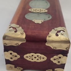 Vtg Musical Jewelry Box Brass Jade Wood 10"X4"X3"