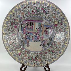 Huge 25” Chinese Famille Rose Hand Painted Porcelain Charger Plate Qianlong Mark