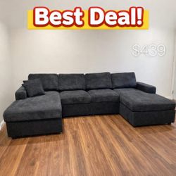 Black corduroy double chaise sectional sofa 