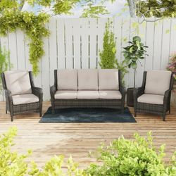 3 Pieces Outdoor Furniture Patio Furniture Set with One 3-Seat Sofa, Two ArmChairs, Beige