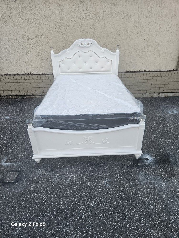 White Full Size Disney Princess Bed Frame With Brand New Full Size Plush Casper Memory Foam Mattress And Box Spring In Plastic