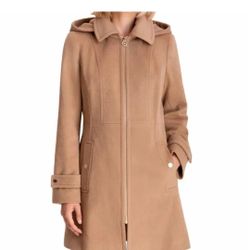 Michael Kors Dark Camel Hooded Notched-Collar Coat, Women’s