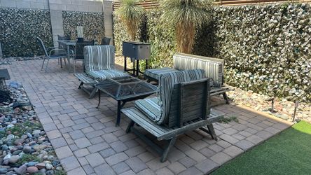 4-Piece Wooden Patio Conversation Set - Loveseat, 2 Chairs, & Fire Pit Table