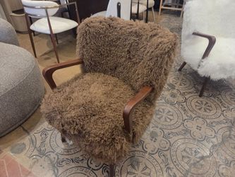 Brand New pair of faux ivory shearling accent arm chairs with walnut frame