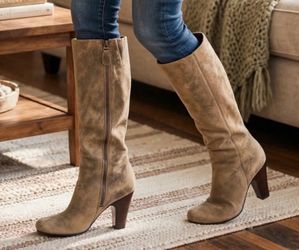 Tan Suede Knee-High Heeled Boots
