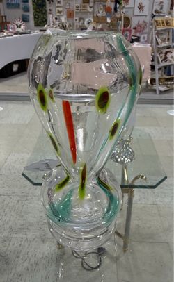 MCM Murano art glass clear Hourglass vase with colored swirls 5.5in