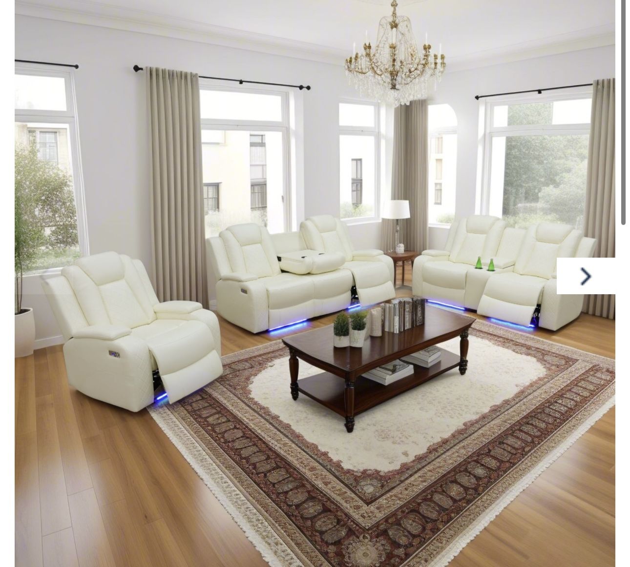 Power Electric White Leather Fully Reclining Three Piece Couch Set